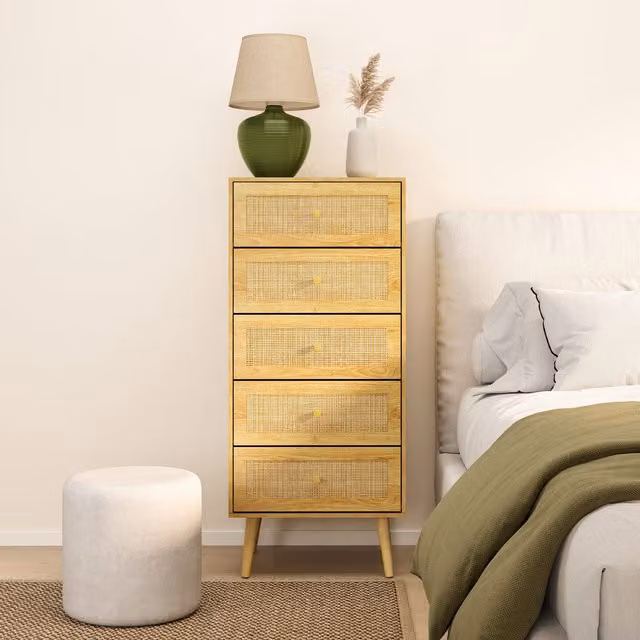VonHaus Sienna 5 Drawer Rattan Fronted Tall Chest of Drawers in Natural Sand and Gold, W/D/H: 40.0 x 48.0 x 113.5 cm