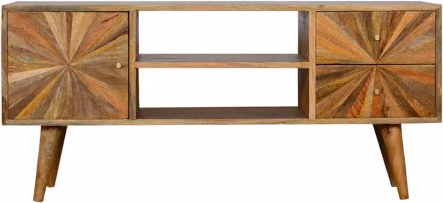 KDMK Retro Mango Wood Entertainment Unit with 1 Door, 2 Drawers and 2 Open Slots in Orange