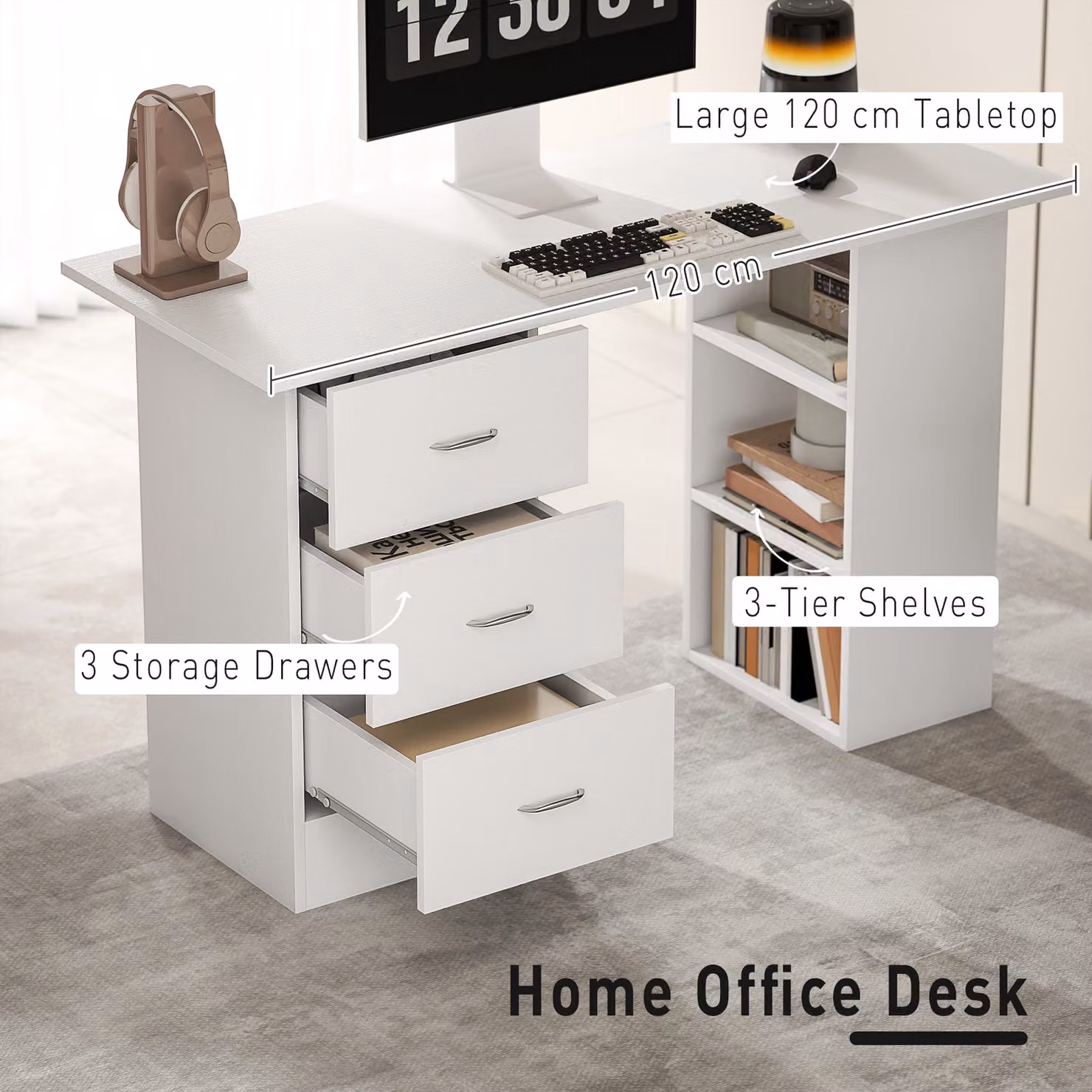 HOMCOM White Computer Desk and PC Workstation with 3 Storage Shelves and Drawers for Home Office – 3