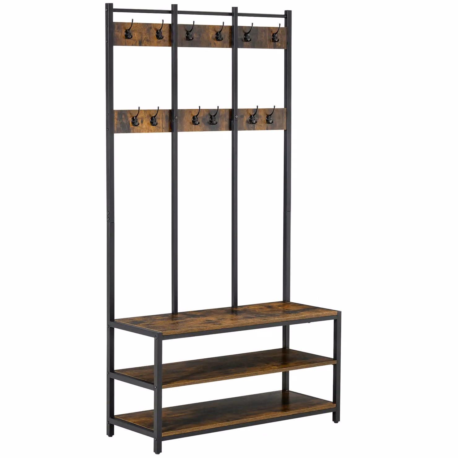 HOMCOM Industrial Hall Tree with Shoe Bench and Coat Rack in Brown and Black – 2