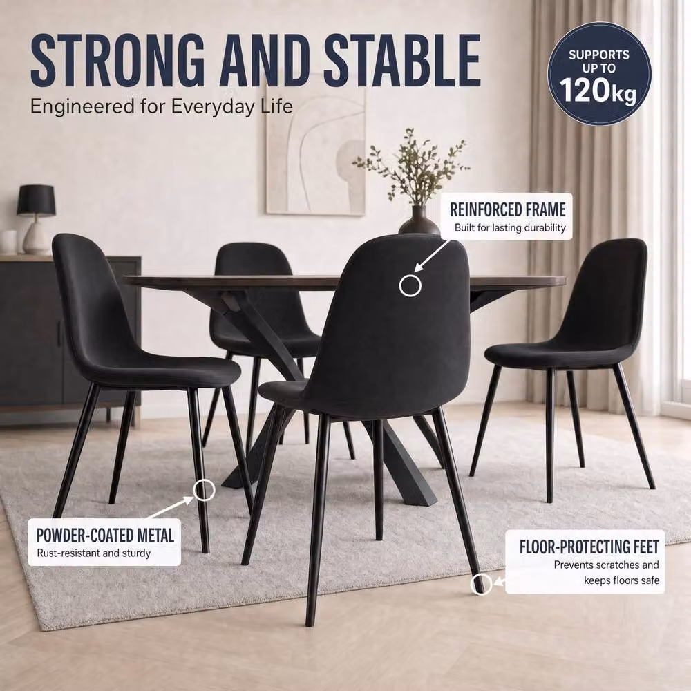Bravich LTD Set of 4 Ron Black Velvet Dining Chairs with Metal Legs – 5