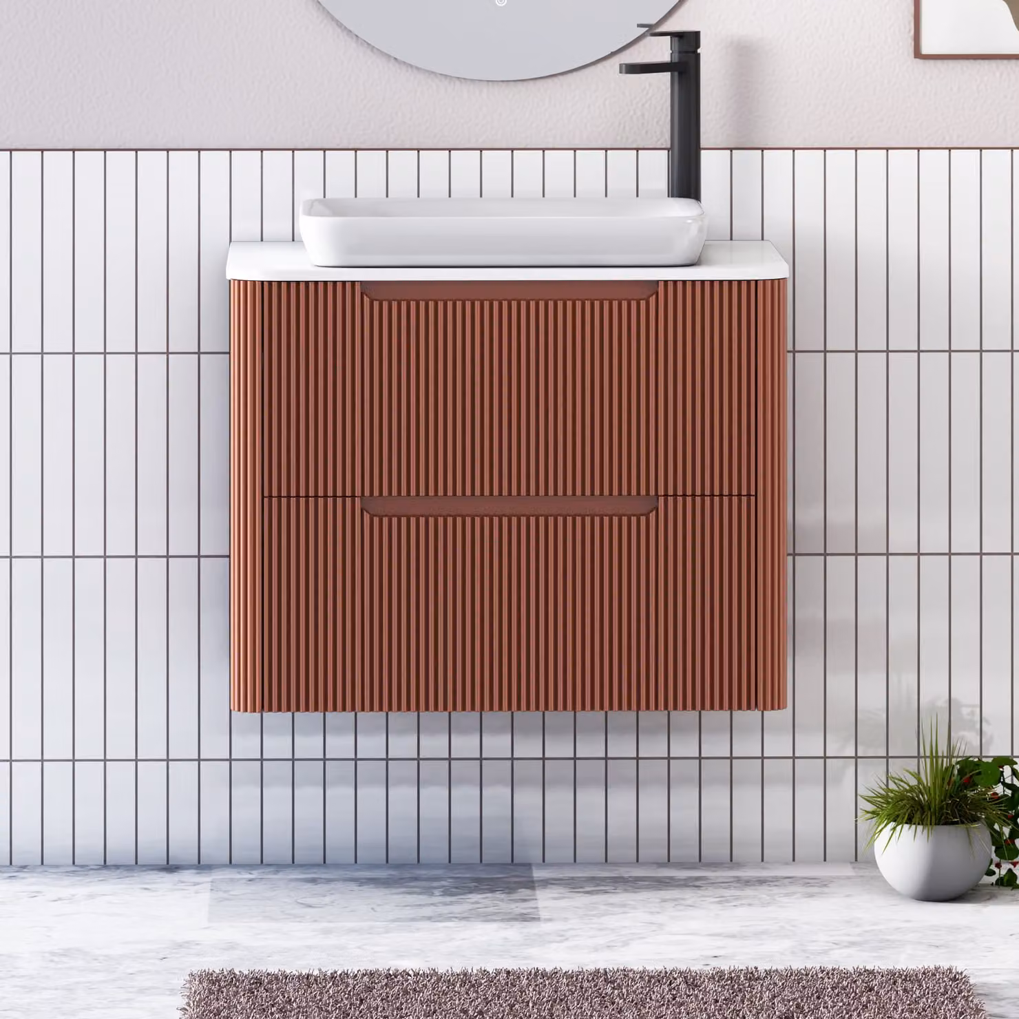 Royal Bathrooms Avenza 700mm Wall Hung Vanity Unit in Terracotta with 2 Drawers and Plain White Worktop with Qubix Basin
