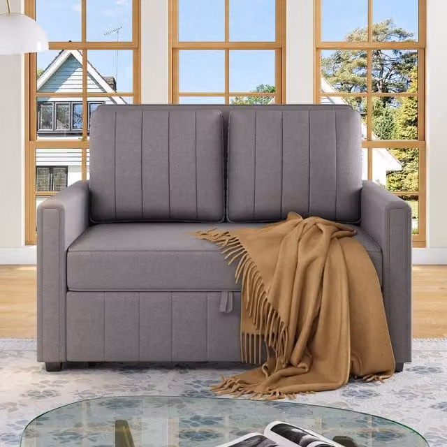 BTM Grey Folding Sofa Bed with Adjustable Backrest and Linen Fabric Upholstery, W/D/H: 127 x 75 x 94 cm – 1