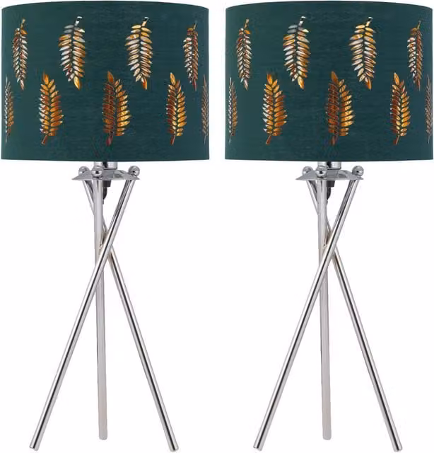 First Choice Lighting Set of 2 Silver Tripod Table Lamps with Dark Green Fern Cut Out Fabric Shades