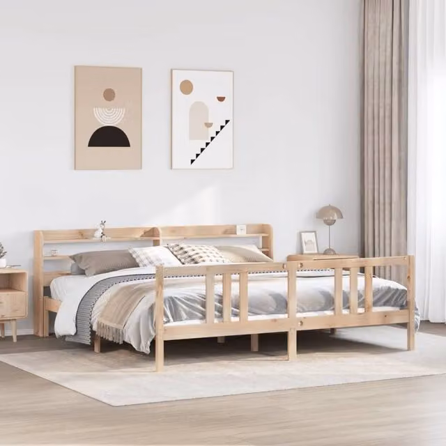 Berkfield Home Rustic Brown Solid Wood Bed Frame with Headboard and USB Charging Port, W/D/H: 200 x 200 cm – 1