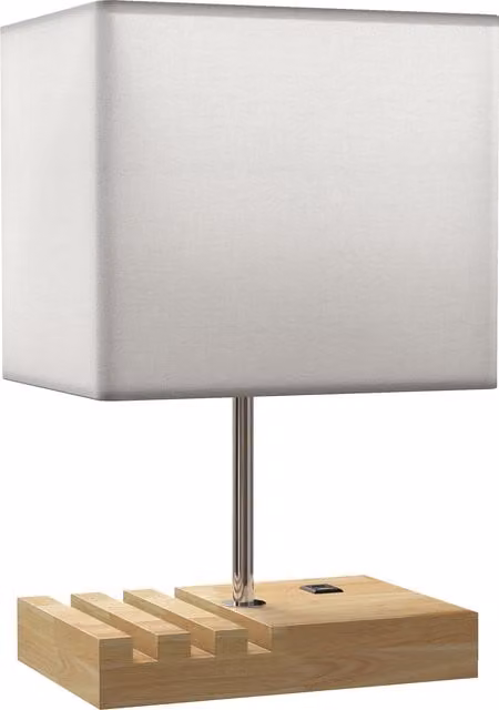 HOMCOM Modern White Bedside Lamp with USB A+C Charging Ports, 3 Phone Stands and Solid Wood Base with Fabric Shade