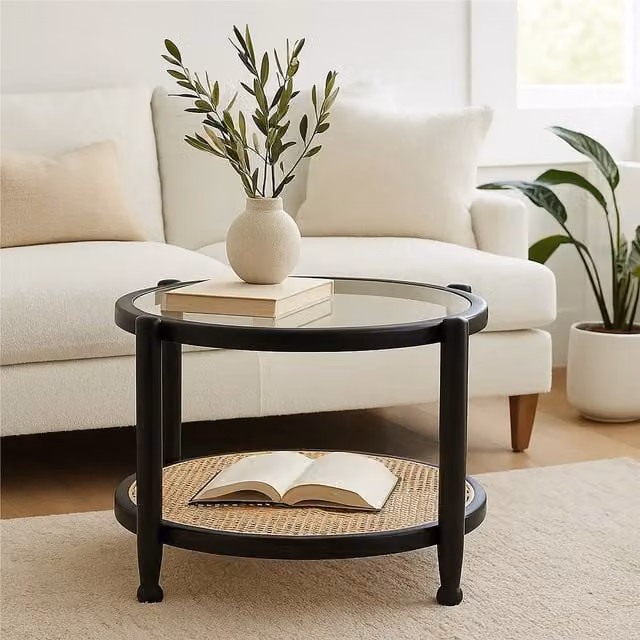 Orsina Cebu Round Rattan and Glass Coffee Table in Black – 1