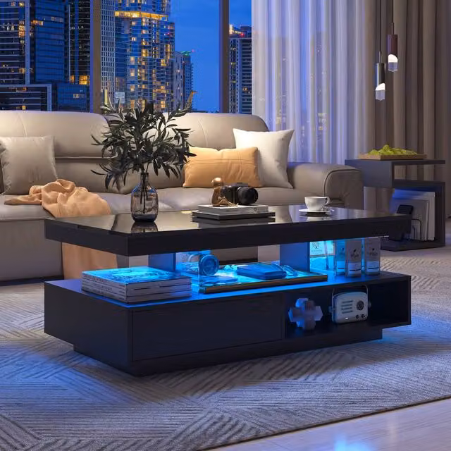 Rolipo Modern Black High Gloss LED Coffee Table with Storage Drawers and Glass Top, W/D/H: 95.0 x 42.5 x 6.5 cm