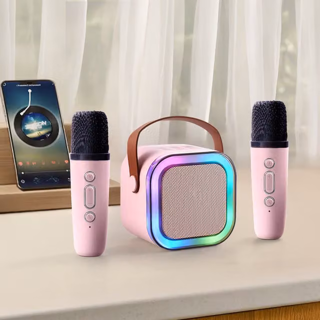 Kidkid Portable Karaoke Machine with RGB Lights and Wireless Microphone in Pink and White