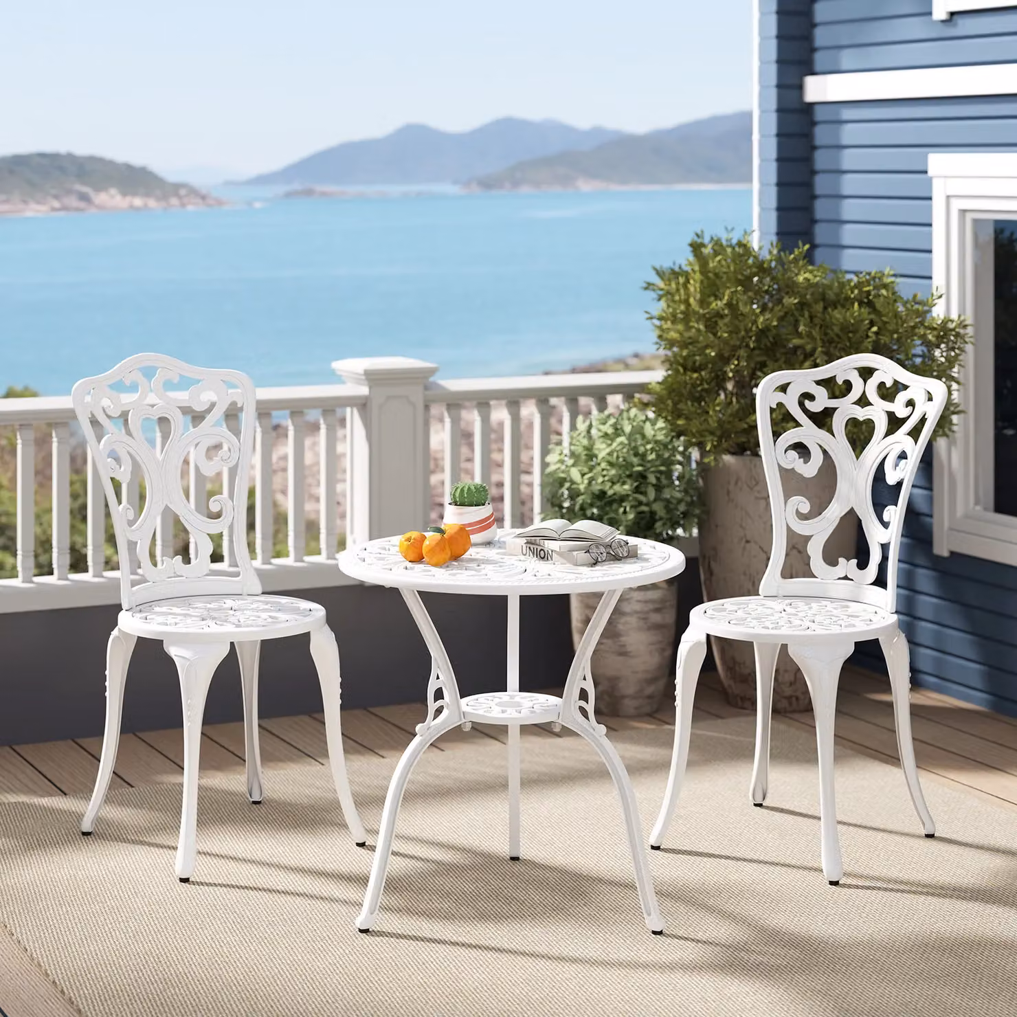 Costway 3 Piece Cast Aluminium All Weather Bistro Set in White – 2
