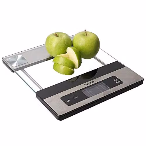 Taylor Digital Kitchen Food Scales with Glass Platform and Tare Function, Silver and Transparent, 5 kg Capacity