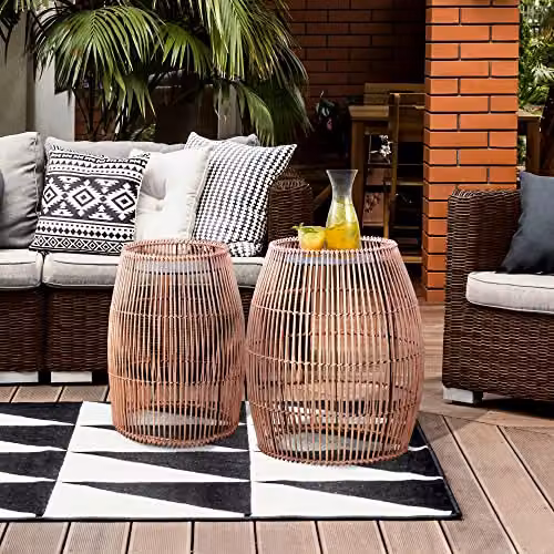 Teamson Home Round Bamboo Wicker Patio Side Table and Plant Stand, Brown, H 50.8 cm x W 42.5 cm x D 42.5 cm – 2
