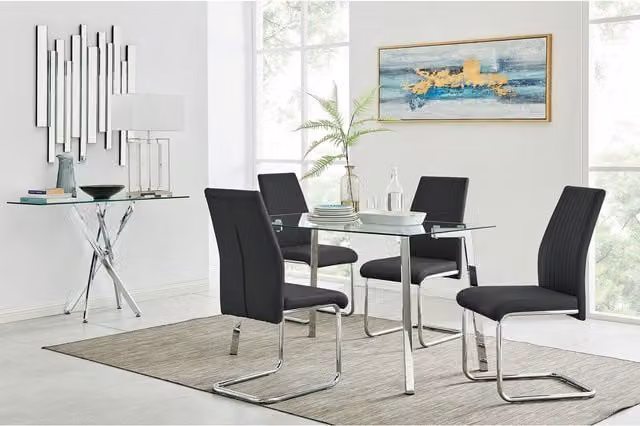 FurnitureboxUK Cosmo Chrome Rectangular Glass Kitchen Dining Table and 4 Lorenzo Dining Chairs in Black