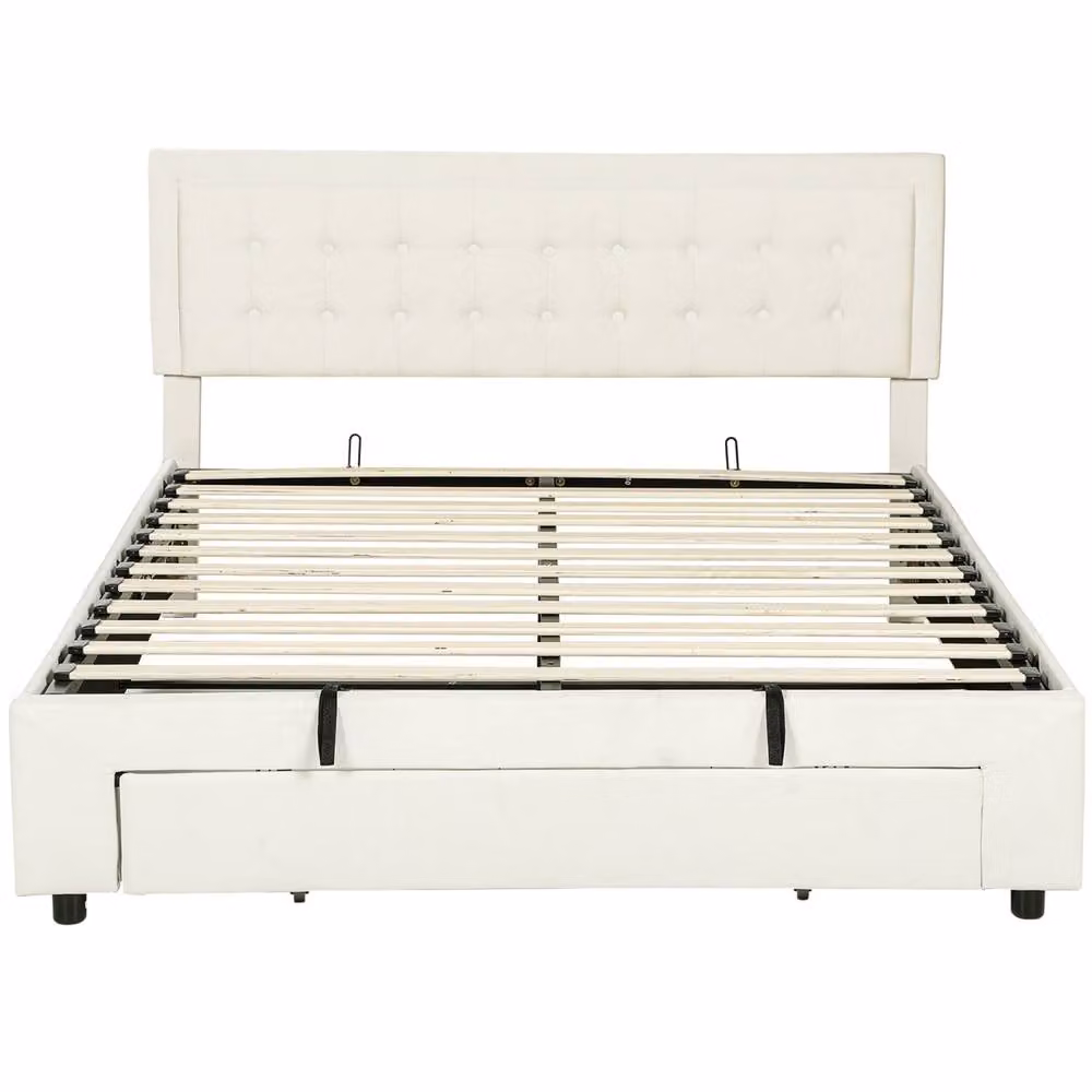 Wyld Haus Zina King Size Ottoman Bed Frame with Gas Lift Storage in Cream Velvet, W/D/H: 180 x 200 x 52 cm – 2