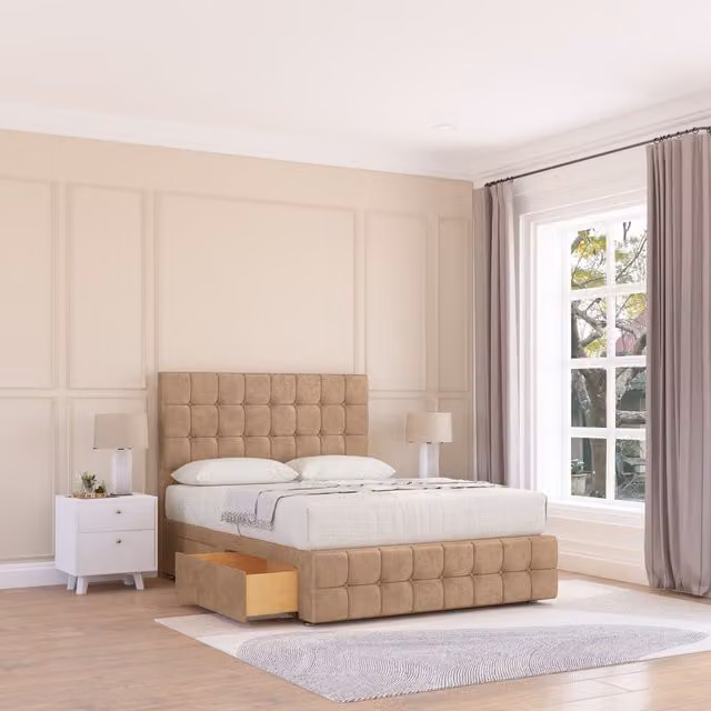 Sloomy Berlin Berlin Divan Bed Base with 4 Drawers and Chesterfield Headboard, Light Beige, W/D/H: 140 x 200 cm