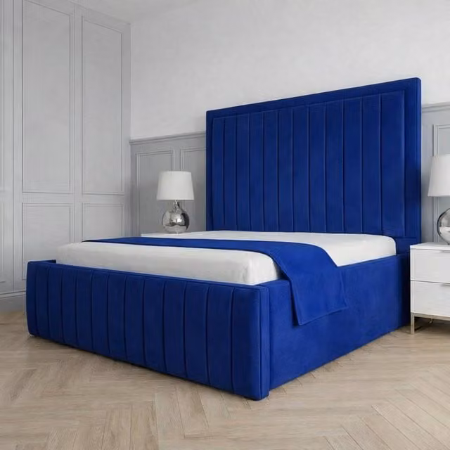Living Comfort Bedz Sovereign Plush Velvet Upholstered Small Double Bed with Slatted Base and 48 Inch Headboard in Blue – 1