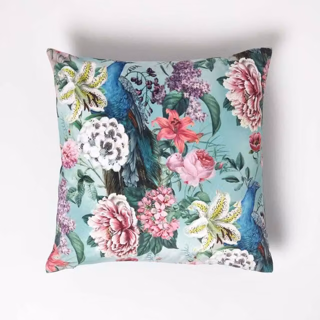 Homescapes Floral Peacock Square Velvet Cushion in Pink and Green, W/D/H: 46 x 46 x 46 cm