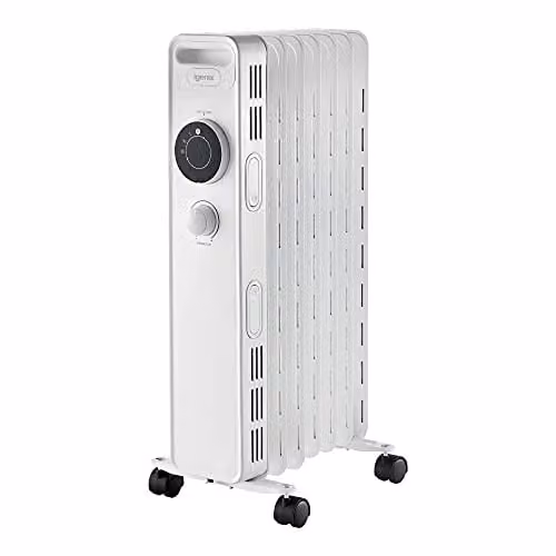 Igenix 1500W Oil Filled Radiator, White Freestanding Metal Heater with Overheat, Tilt and Thermostat Protection – 1