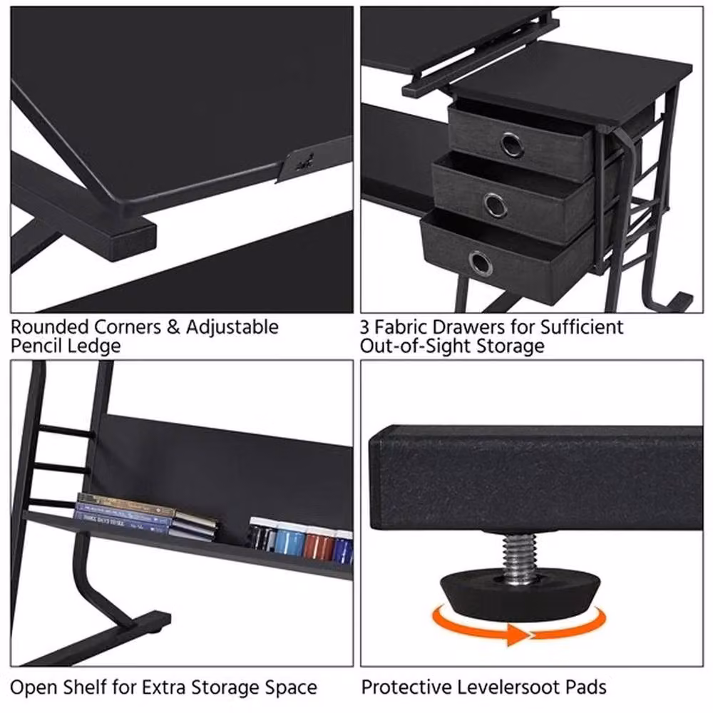 EONLION Black Artist Drafting Table and Writing Desk with Tilting Top and Sled Base – 3