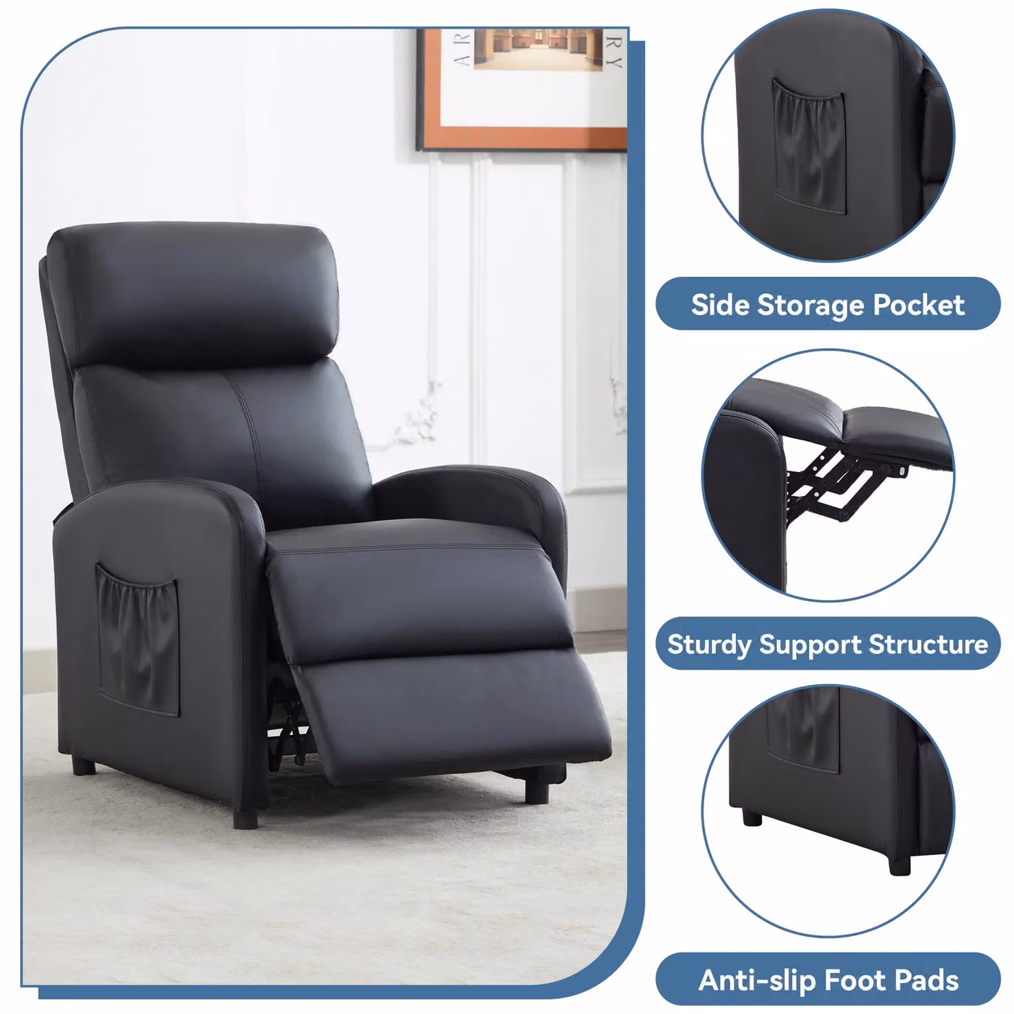 MCC Direct CozyLiving Black Faux Leather Push Back Reclining Armchair – 3