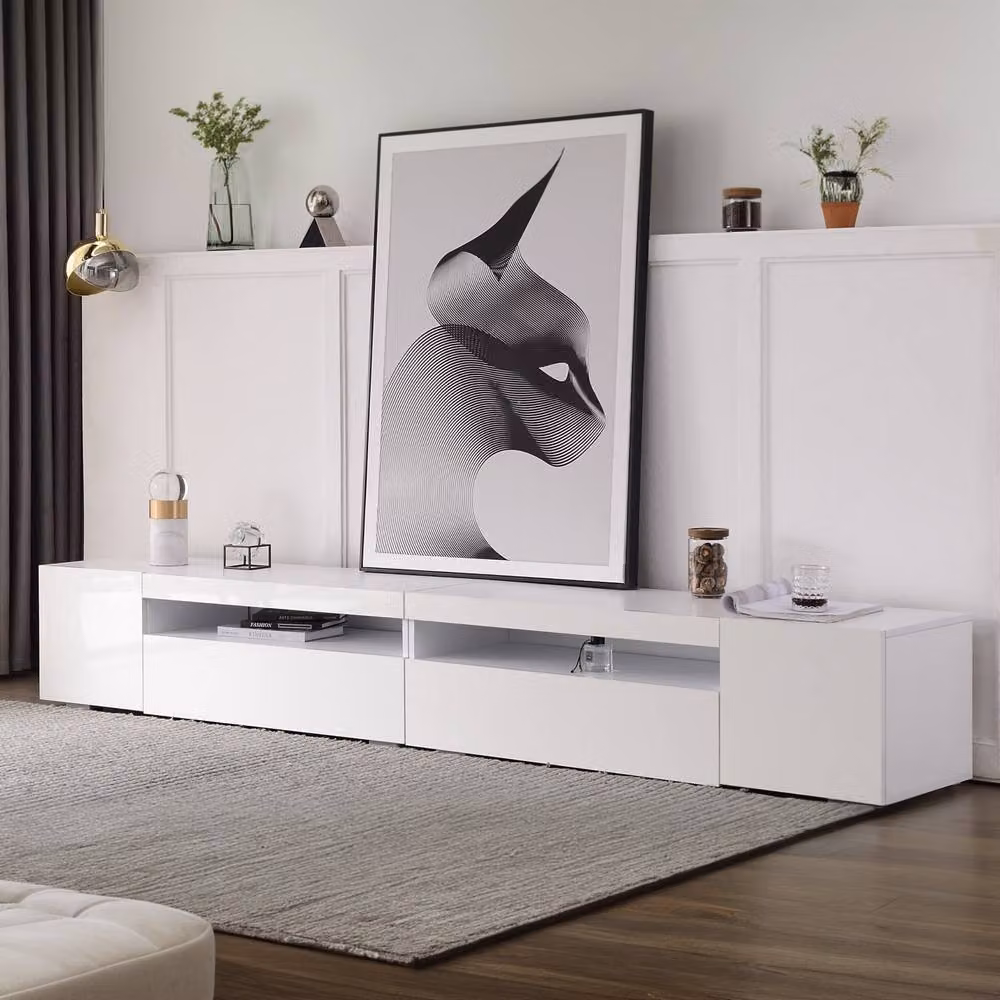 Rolipo White Modern TV Stand with Integrated LED Light and Media Compartments, Width: 240 cm – 4