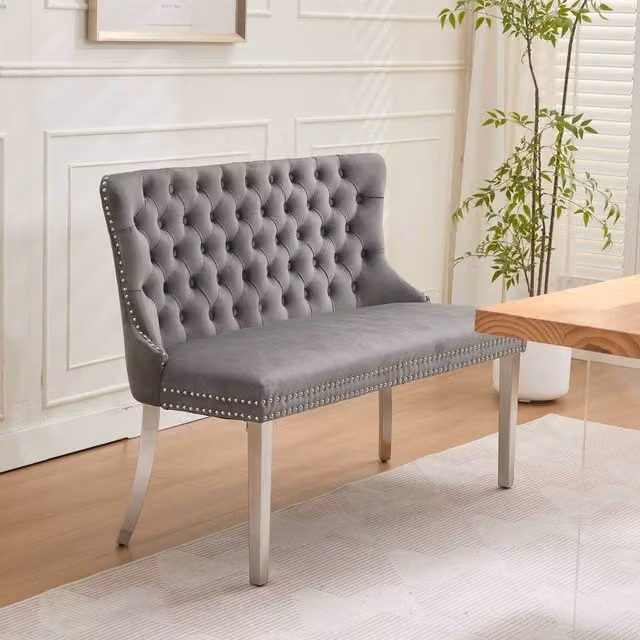 HomeTouch Modern Velvet Double Dining Loveseat Bench with Chrome Steel Legs in Grey – 1