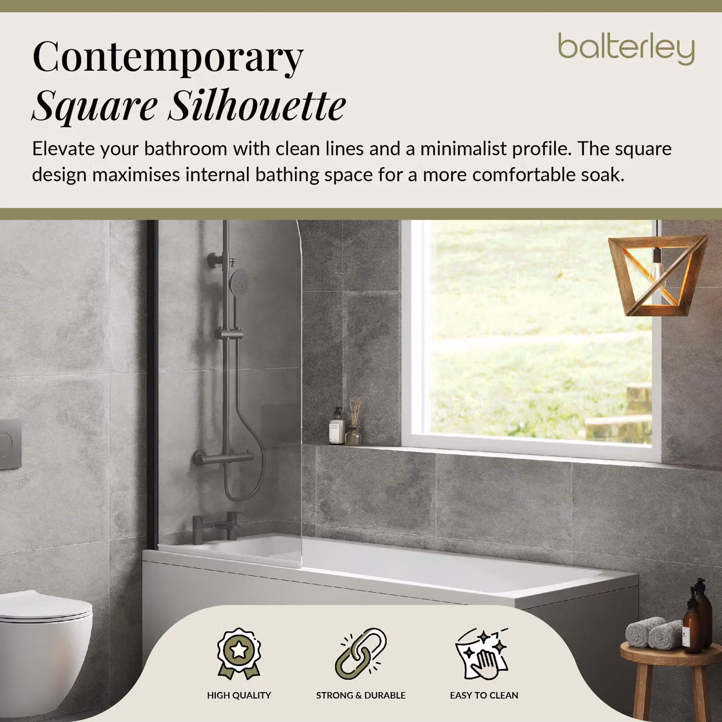 Balterley Square Single Ended Rectangular Bath with Apron and Black Round Corner Screen, White, W/D/H: 170 x 70 x 40 cm – 3