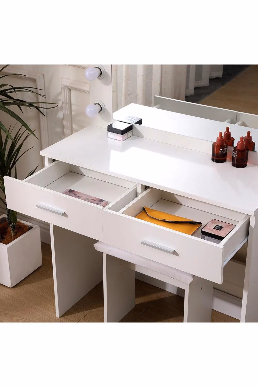 H&O Direct Hollywood Dressing Table Set with LED Lighted Mirror in White – 2