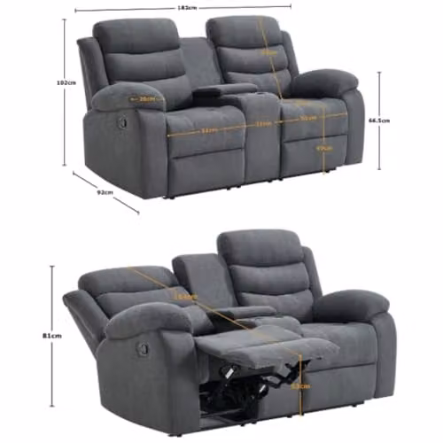 More4Homes Boston 2 Seater Manual Recliner Fabric Sofa with Home Cinema Drinks Console in Grey – 2
