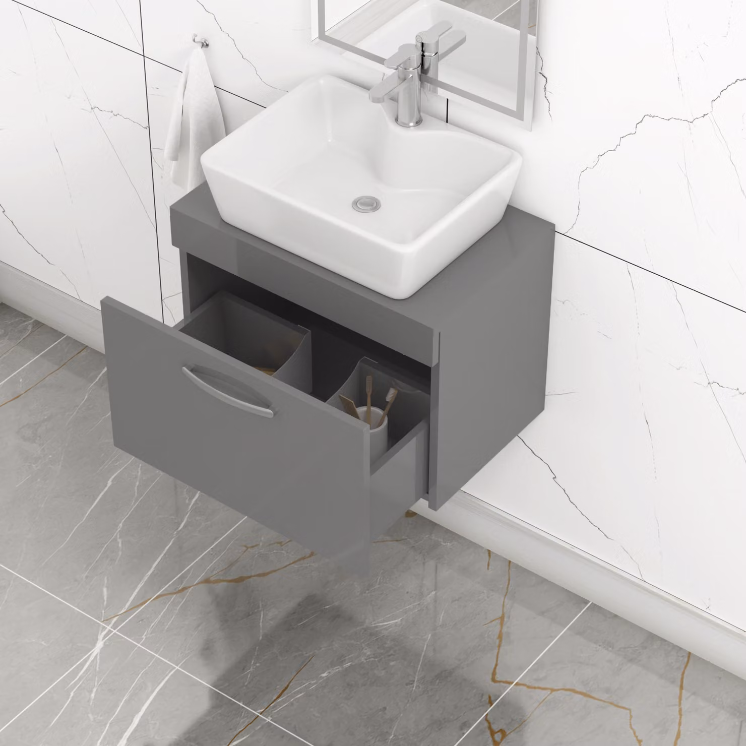 Royal Bathrooms Cube Wall Hung Vanity Unit with 1 Drawer and Countertop Basin in Indigo Grey Gloss