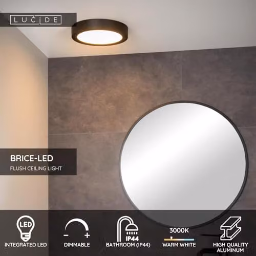 Lucide Brice Dimmable Round LED Flush Ceiling Light for Bathrooms, Black, Diameter: 24 cm – 3