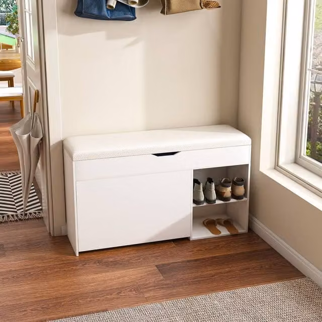 Matteo White Modern Shoe Storage Bench with Synthetic Leather Upholstery – 1
