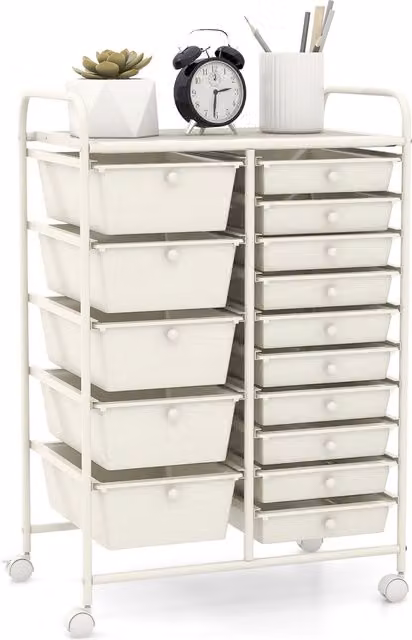 COSTWAY 15 Drawer White Plastic Storage Trolley with Castors
