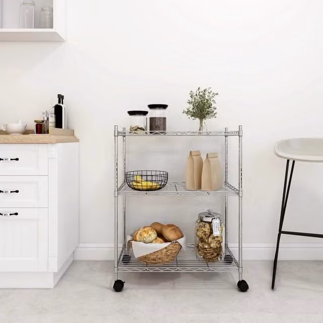 Berkfield Home 3-Tier Metal Storage Rack with Wheels in Silver, W/D/H: 60 x 35 x 81 cm