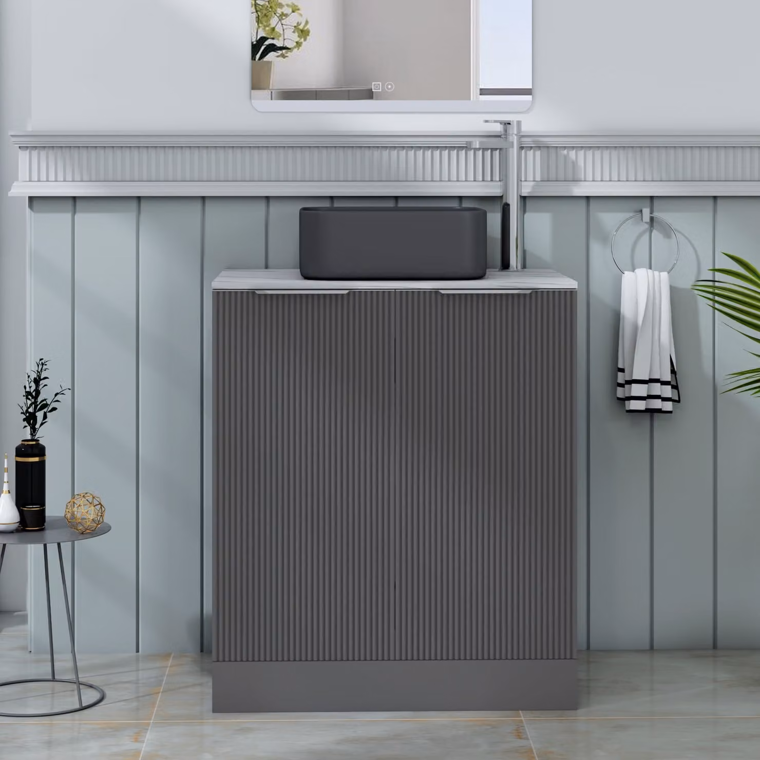 Royal Bathrooms Evora 700mm Graphite Grey Fluted Floor Standing Countertop Vanity Unit with 2 Soft Close Doors and Art Square Basin