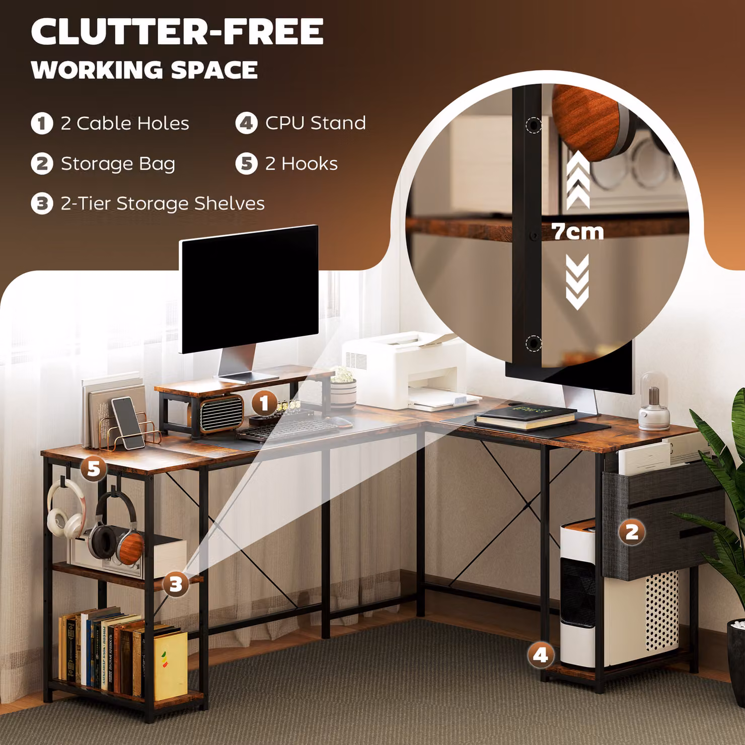 HOMCOM Reversible L Shaped Industrial Corner Computer Desk with Adjustable Shelf and Storage Bag in Rustic Brown, 168 cm – 4