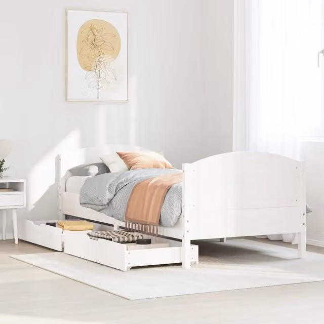 Berkfield Home White Solid Wood Pine Bed Frame with Drawers W/D/H: 90 x 200 cm