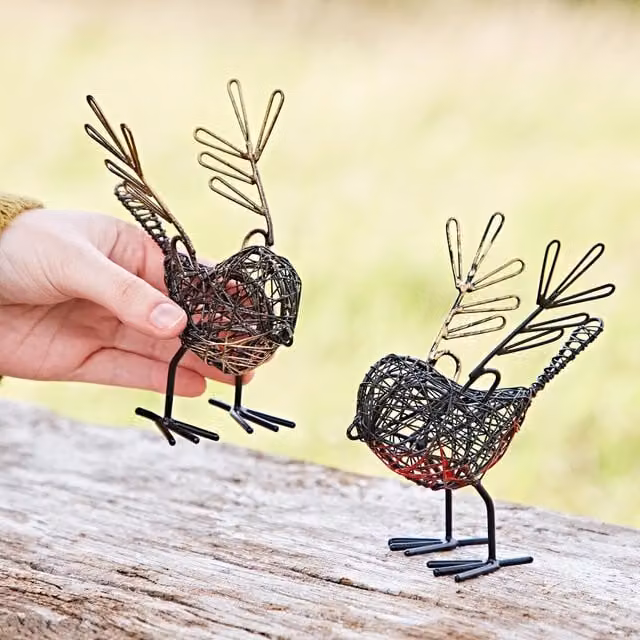 Paper High Set of Two Small Wire Winged Robin Decorative Ornaments in Black, Red and Gold