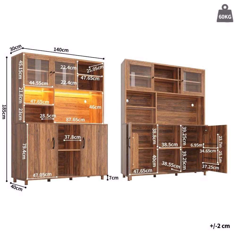 ModernLuxe Kitchen Tall Unit with Glass Sliding Doors and Integrated Lighting in Walnut, W/D/H: 71.5 x 40 x 185 cm – 4