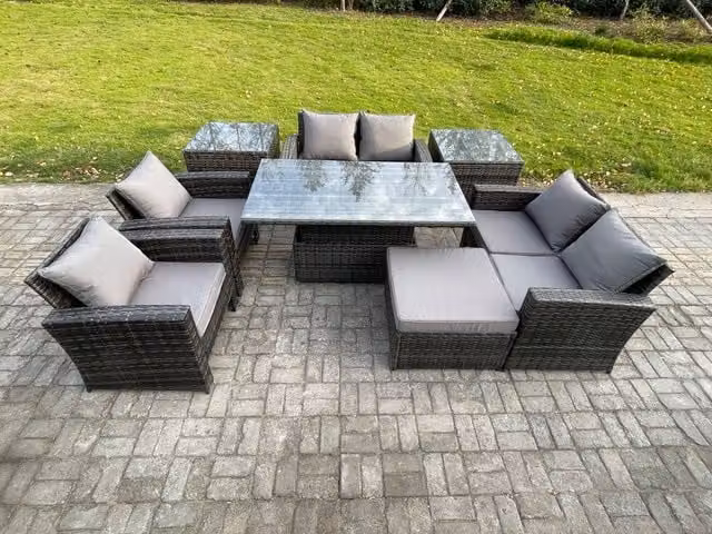 Fimous Dark Grey Polyrattan Garden Furniture Set with Rising Lifting Table, Double Seater Sofa, Two Side Tables and Ottoman