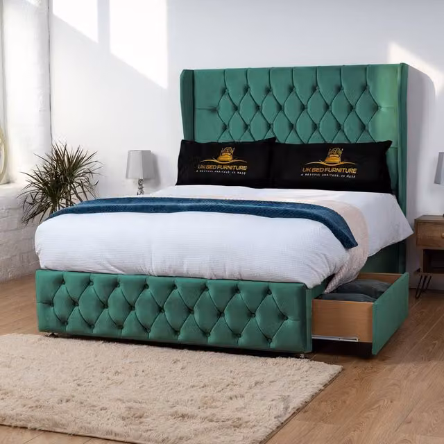 Luxor Living Luxor Wingback Divan Bed with 54 Inch Headboard and 2 Foot End Drawers in Green Velvet, Super King, W/D/H: 200 x 200 cm – 1