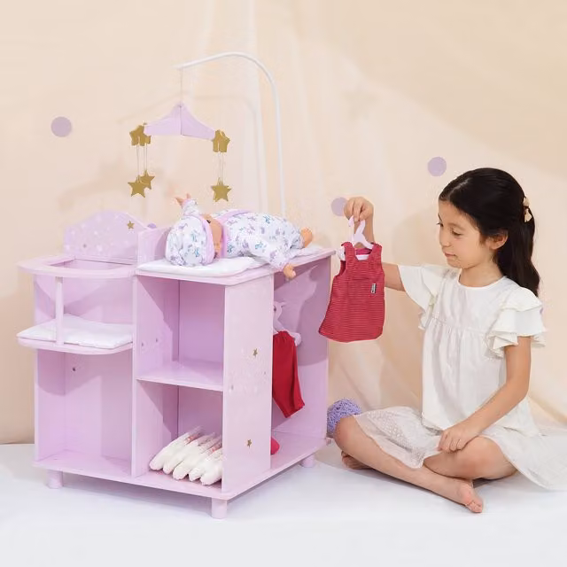 Teamson Kids Wooden Baby Doll Changing Station with Storage, Purple and White