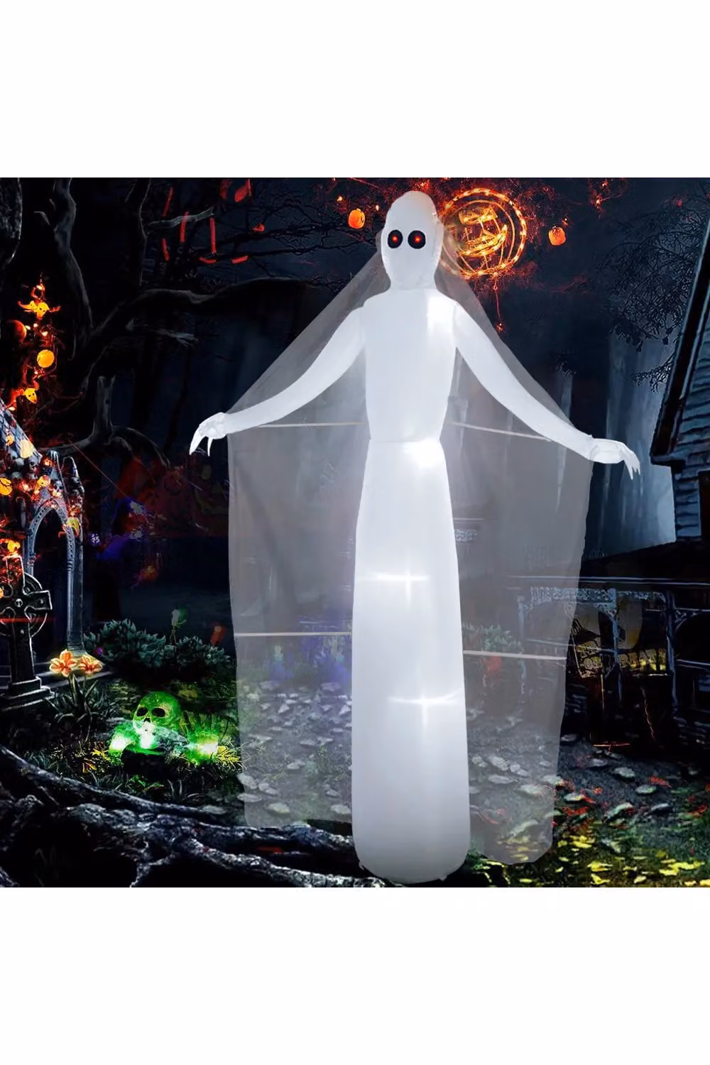 Living and Home 2.4m Giant Halloween Inflatable Scary Ghost Bride with Red LED Eyes in White – 2
