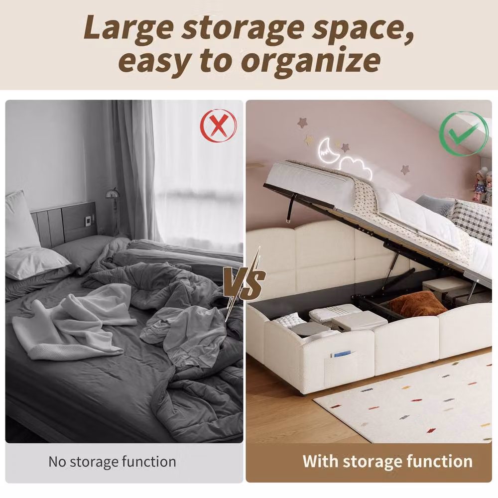 ModernLuxe Boucle Single Sofa Bed with Hydraulic Storage and L-Shaped Headboard in Beige – 3