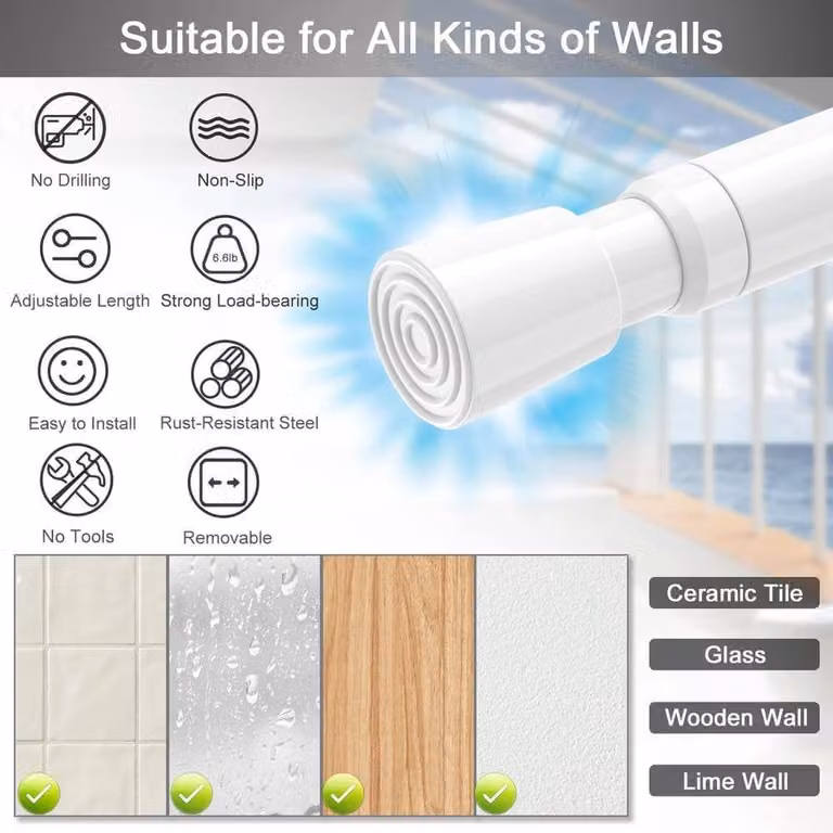 FLAVORA White Spring Loaded Telescopic Curtain Rod, Width: 60-110 cm