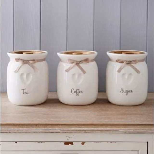 DEENZ Set of 3 White Ceramic Tea, Coffee and Sugar Canisters with Engraved Heart Design and Wood Accents