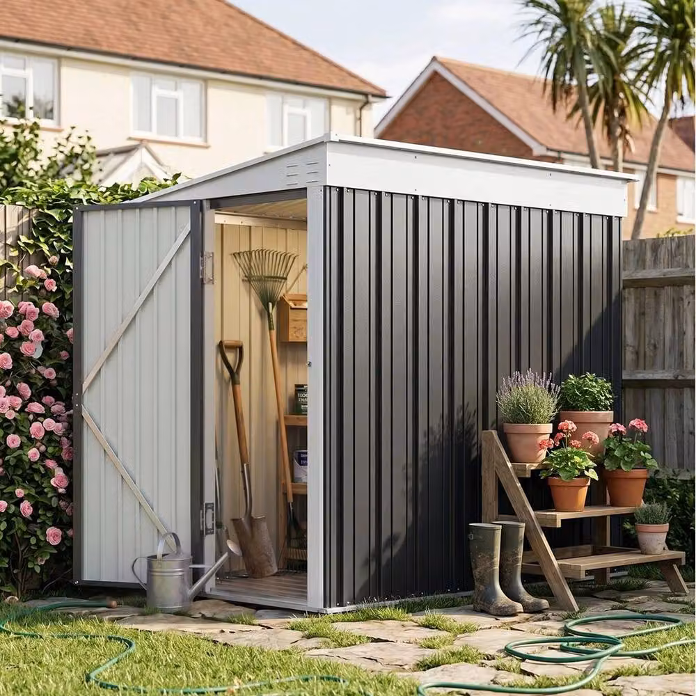 NESTLUNE Grey Galvanised Steel Lean-to Garden Shed Outdoor Storage – 3