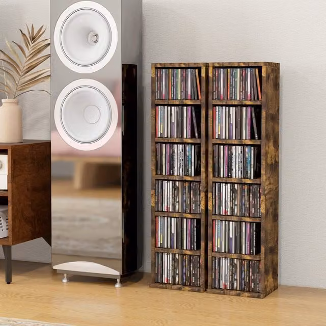 HOMCOM Set of 2 Rustic Brown Wall Mounted CD Media Display Shelf Units with Media Compartments