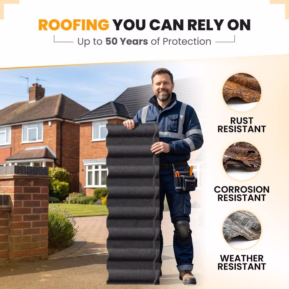 Novecrafto Stone Coated Galvanised Metal Roof Shingles in Dark Grey, 15 Covers, 7.11m² – 2