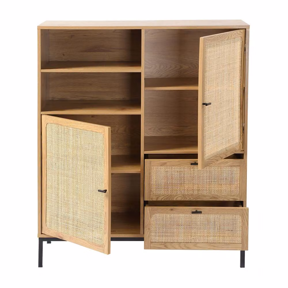 CALICOSY Jaya High Buffet with Natural Rattan Fronts in Light Brown, W: 100 cm, H: 120 cm – 3